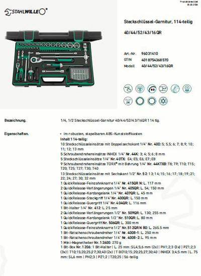 Knechtle Eisenwaren AG - Stahlwille Steckschlüssel 114-teilig Datenblatt